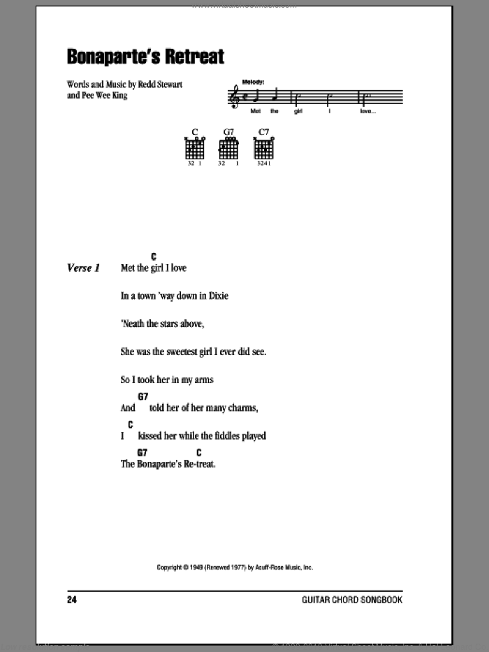 Bonaparte's Retreat sheet music for guitar (chords) by Glen Campbell, Pee Wee King and Redd Stewart, intermediate skill level