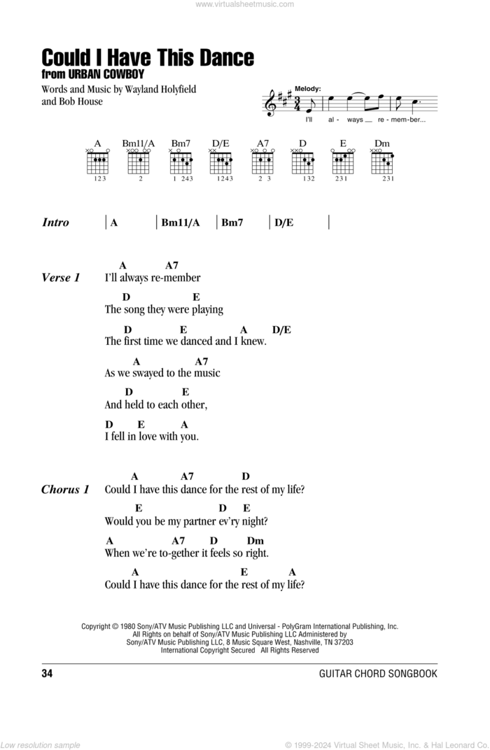 Could I Have This Dance sheet music for guitar (chords) by Anne Murray, Bob House and Wayland Holyfield, wedding score, intermediate skill level