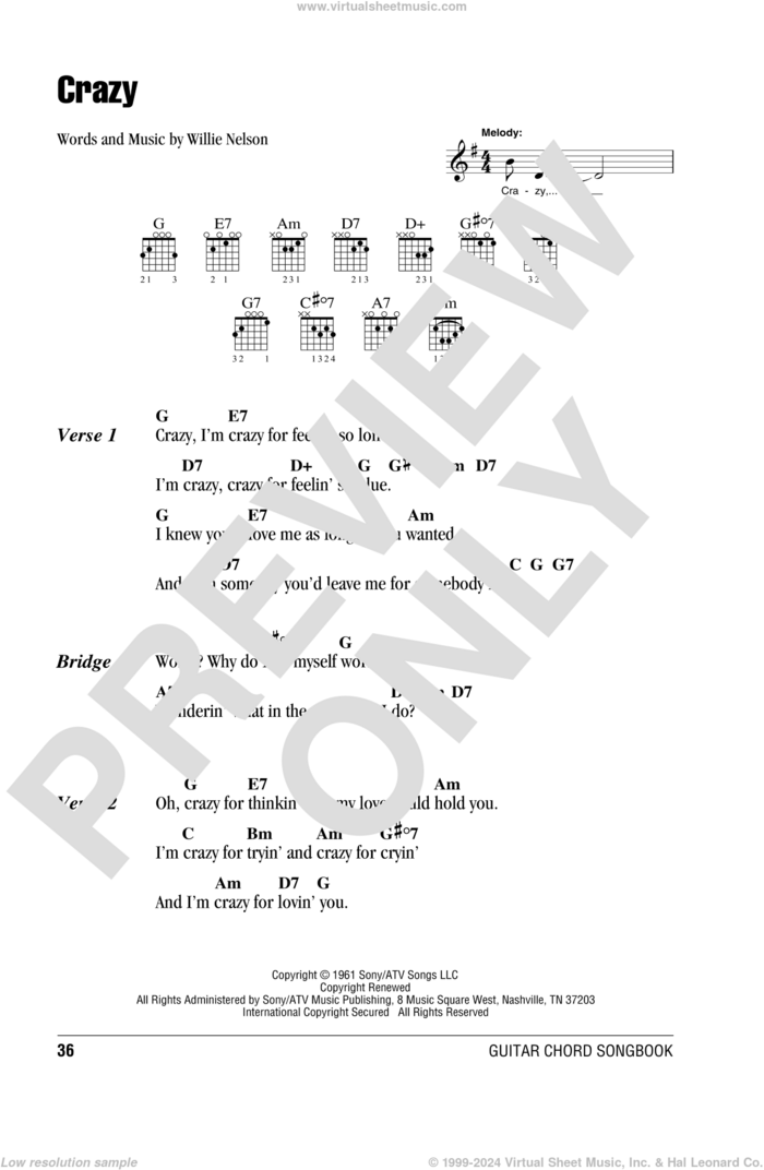 Crazy sheet music for guitar (chords) by Willie Nelson and Patsy Cline, intermediate skill level