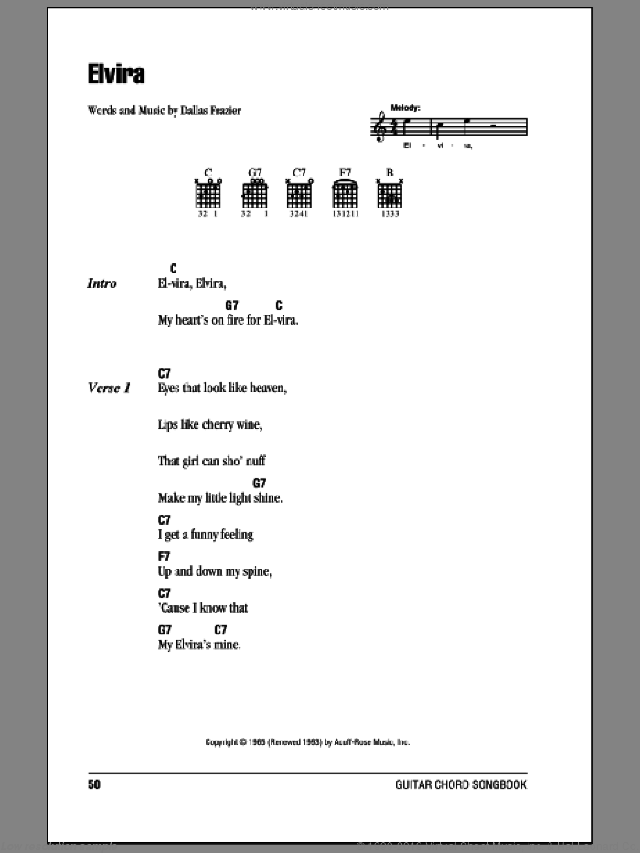 Elvira sheet music for guitar (chords) by Oak Ridge Boys and Dallas Frazier, intermediate skill level