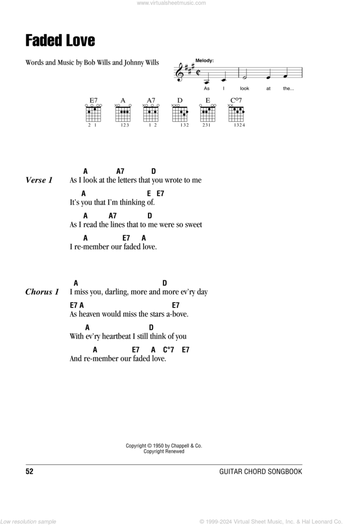 Faded Love sheet music for guitar (chords) by Bob Wills, Patsy Cline and Johnny Wills, intermediate skill level