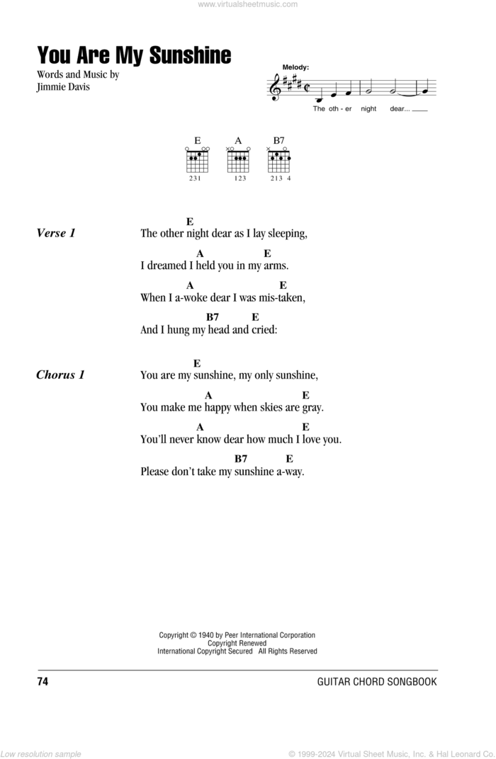 You Are My Sunshine sheet music for guitar (chords) by Jimmie Davis, intermediate skill level