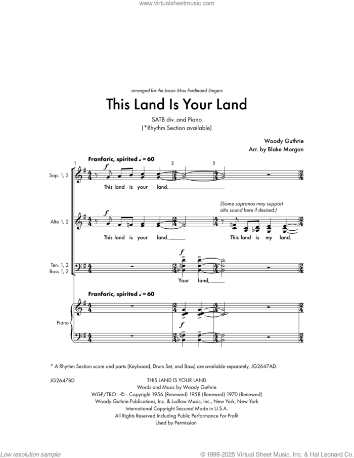This Land Is Your Land (arr. Blake Morgan) sheet music for orchestra/band (full score) by Woody Guthrie and Blake Morgan, intermediate skill level