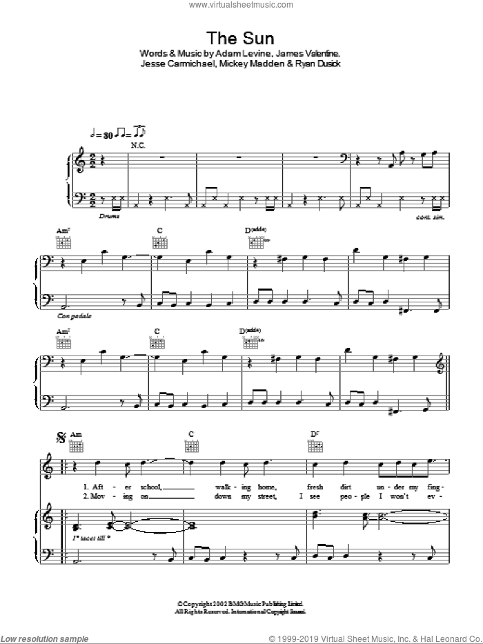 The Sun sheet music for voice, piano or guitar by Maroon 5, Adam Levine, James Valentine, Jesse Carmichael, Michael Madden and Ryan Dusick, intermediate skill level