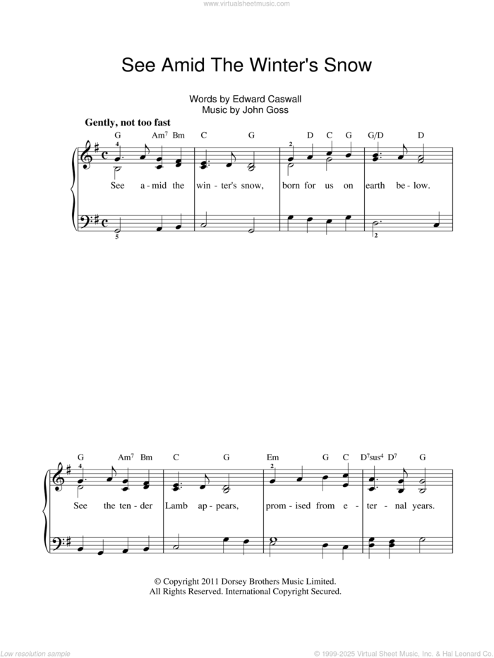 See Amid The Winter's Snow sheet music for piano solo by Edward Caswall and John Goss, easy skill level
