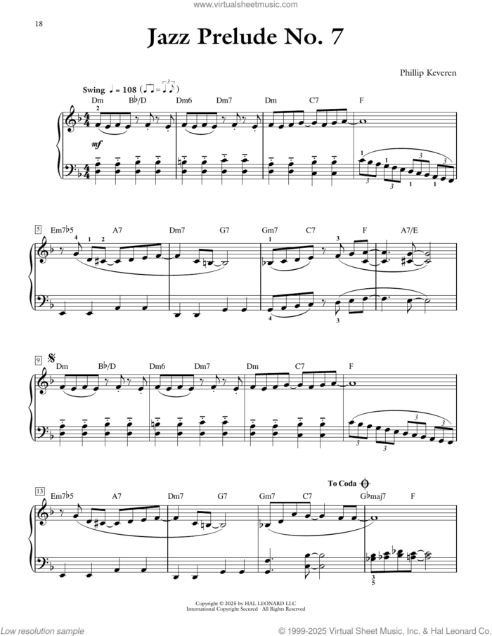 Jazz Prelude No. 7 sheet music for piano solo by Phillip Keveren, intermediate skill level