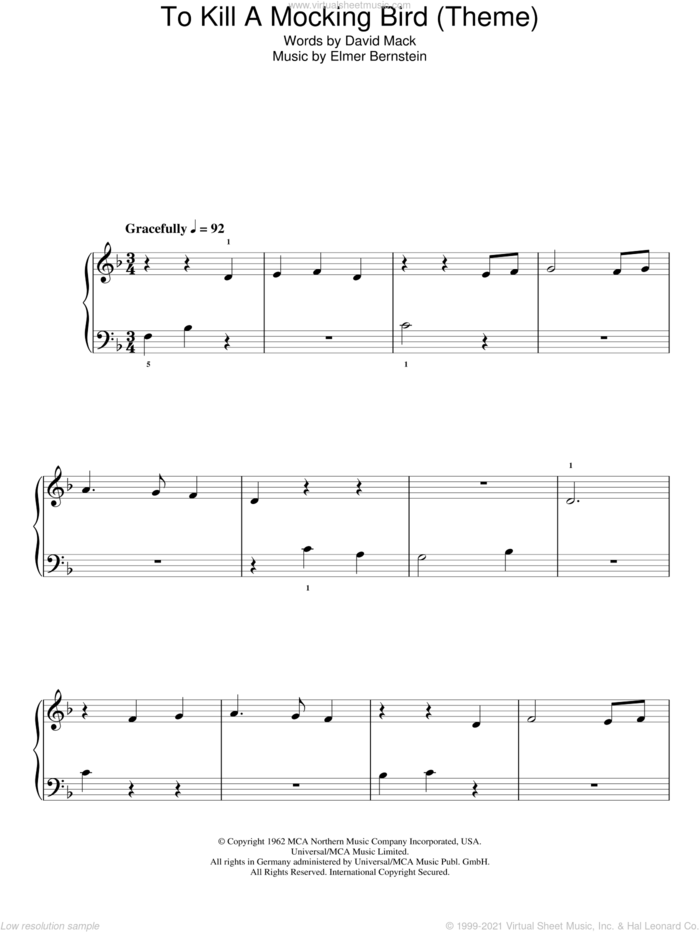 To Kill A Mockingbird, (easy) sheet music for piano solo by Elmer Bernstein and David Mack, easy skill level