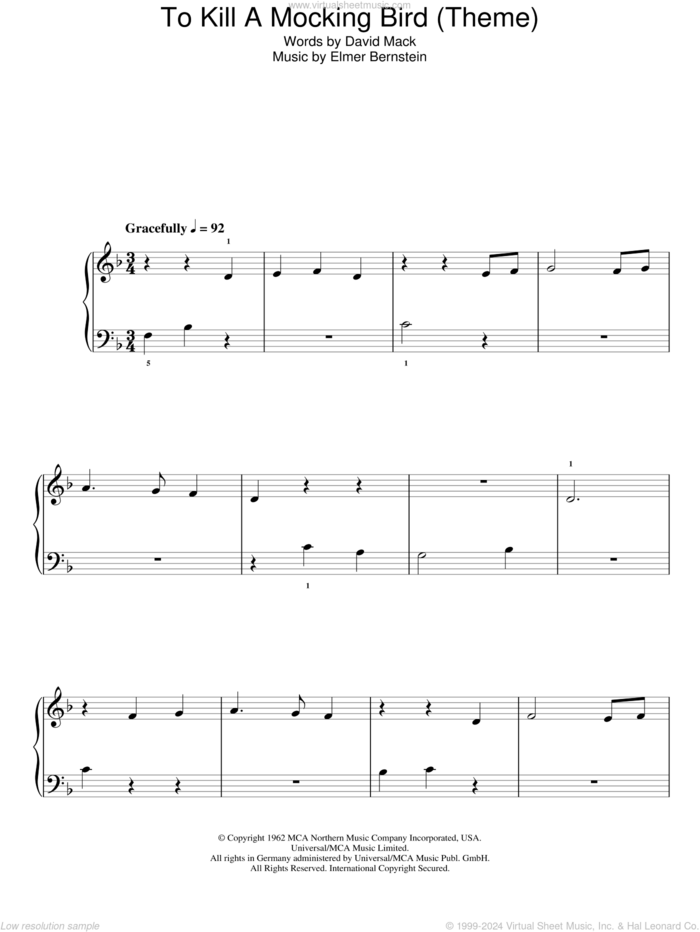 To Kill A Mockingbird, (easy) sheet music for piano solo by Elmer Bernstein and David Mack, easy skill level