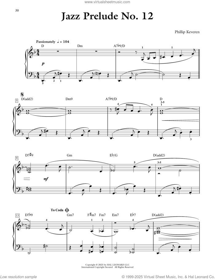 Jazz Prelude No. 12 sheet music for piano solo by Phillip Keveren, intermediate skill level