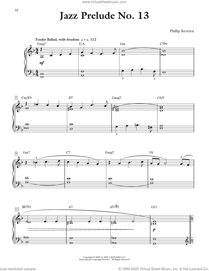 Jazz Prelude No. 13 sheet music for piano solo by Phillip Keveren, intermediate skill level