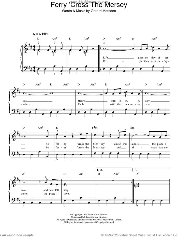 Ferry 'Cross The Mersey sheet music for piano solo by Gerry & The Pacemakers and Gerry Marsden, easy skill level