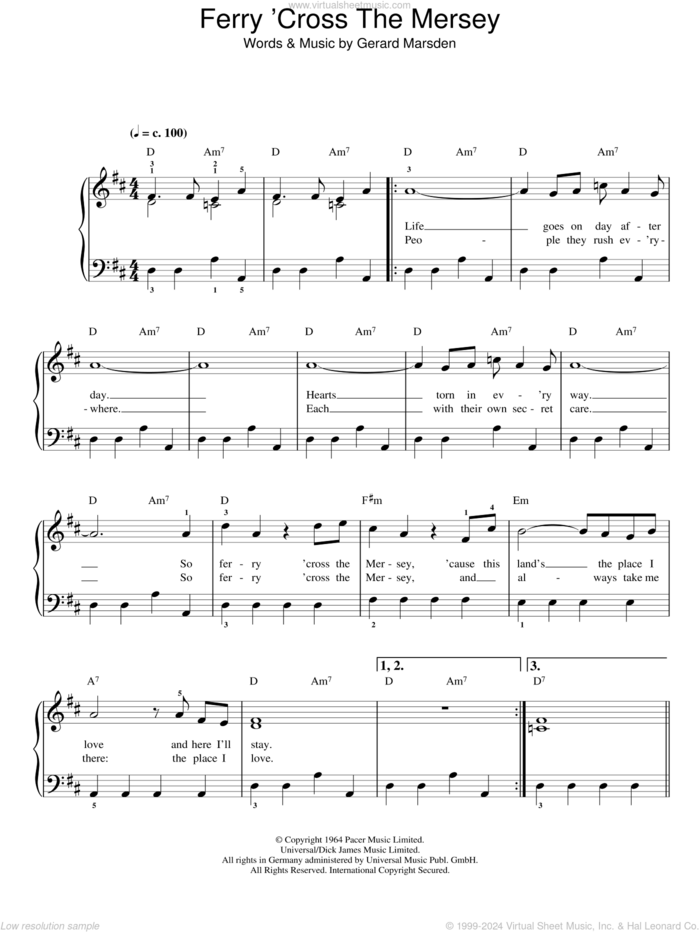 Ferry 'Cross The Mersey sheet music for piano solo by Gerry & The Pacemakers and Gerry Marsden, easy skill level