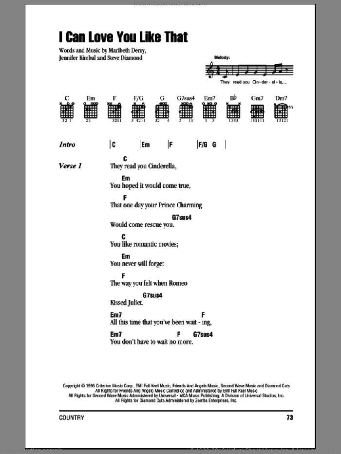 I Can Love You Like That sheet music for guitar (chords) by All-4-One, John Michael Montgomery, Jennifer Kimball, Maribeth Derry and Steve Diamond, wedding score, intermediate skill level