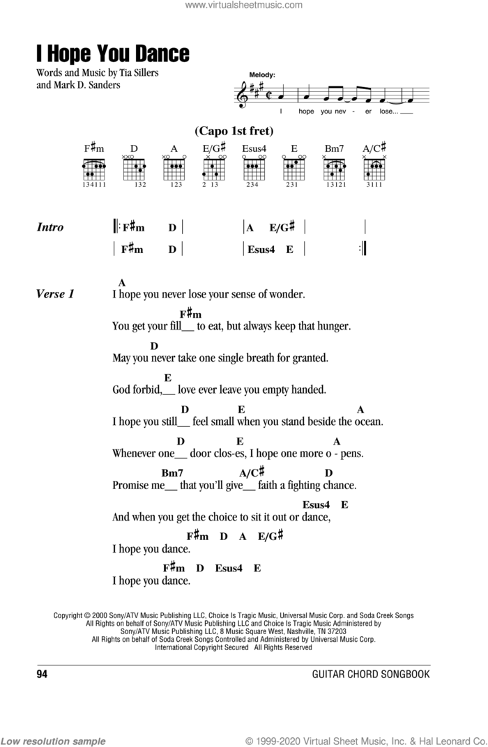I Hope You Dance sheet music for guitar (chords) by Lee Ann Womack, Mark D. Sanders and Tia Sillers, intermediate skill level