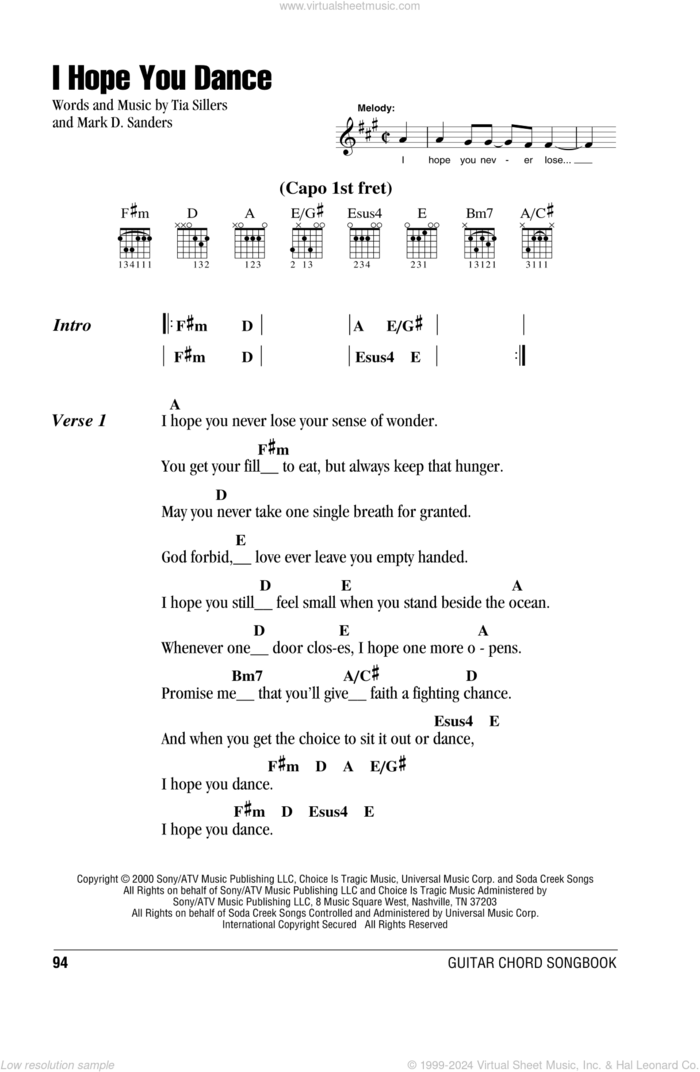 I Hope You Dance sheet music for guitar (chords) by Lee Ann Womack, Mark D. Sanders and Tia Sillers, intermediate skill level