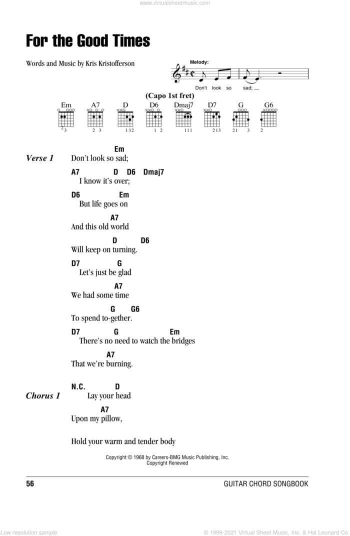 For The Good Times sheet music for guitar (chords) by Ray Price, Elvis Presley and Kris Kristofferson, intermediate skill level