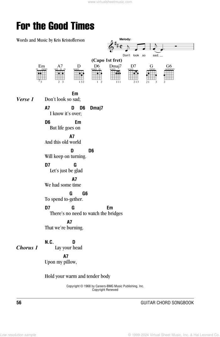 For The Good Times sheet music for guitar (chords) by Ray Price, Elvis Presley and Kris Kristofferson, intermediate skill level