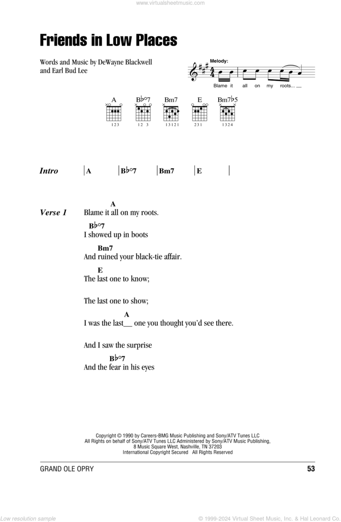 Friends In Low Places sheet music for guitar (chords) by Garth Brooks, DeWayne Blackwell and Earl Bud Lee, intermediate skill level