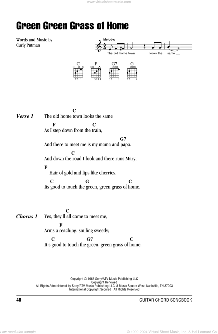 Green Green Grass Of Home sheet music for guitar (chords) by Porter Wagoner, Elvis Presley, Tom Jones and Curly Putman, intermediate skill level