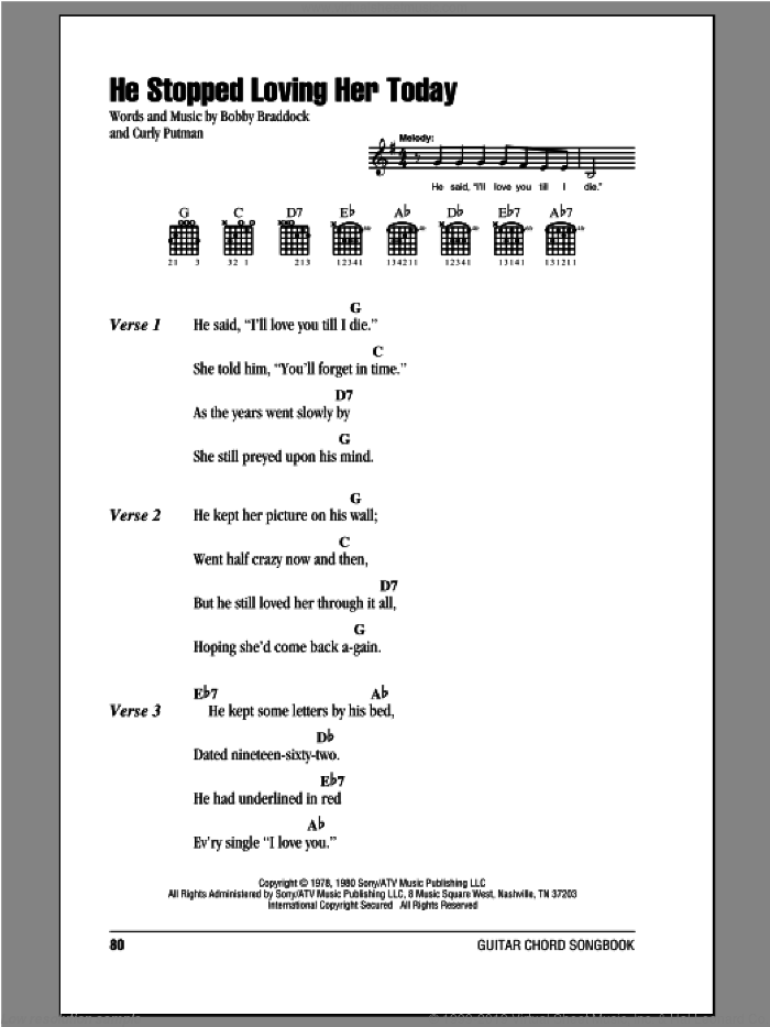 He Stopped Loving Her Today sheet music for guitar (chords) by George Jones, Bobby Braddock and Curly Putman, intermediate skill level