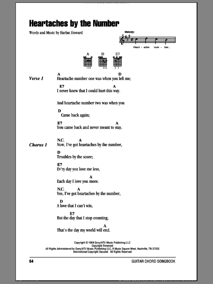 Heartaches By The Number sheet music for guitar (chords) by Guy Mitchell, Ray Price and Harlan Howard, intermediate skill level