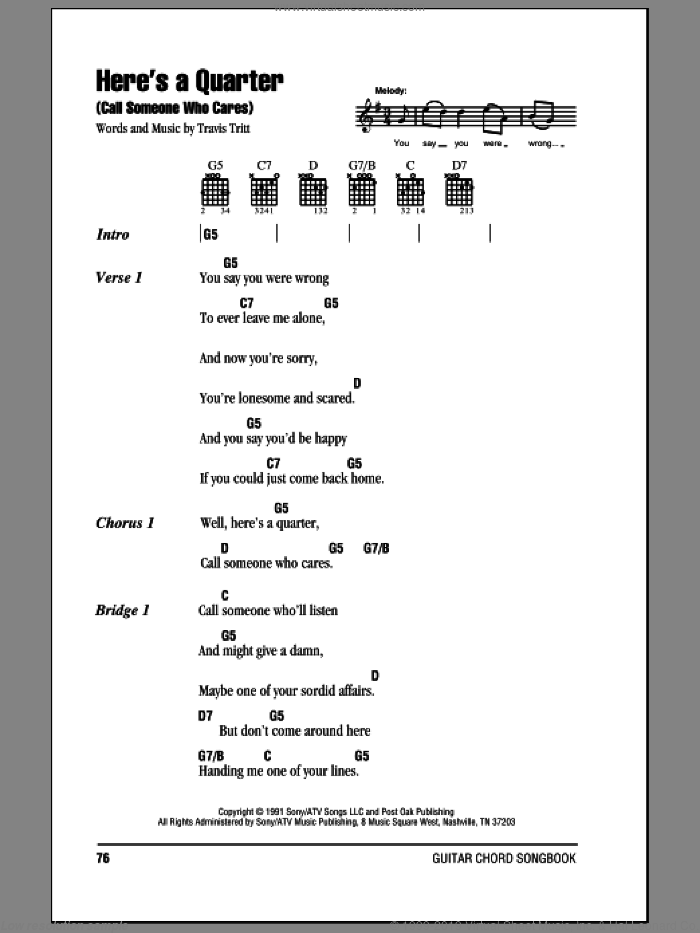 Here's A Quarter (Call Someone Who Cares) sheet music for guitar (chords) by Travis Tritt, intermediate skill level