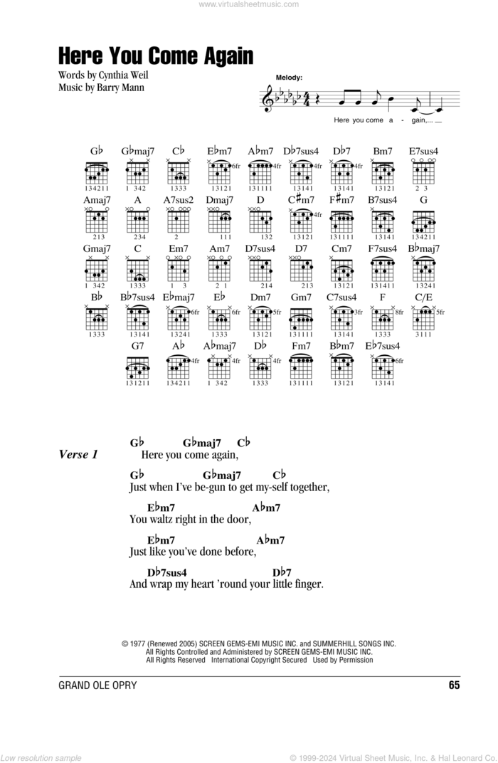 Here You Come Again sheet music for guitar (chords) by Dolly Parton, Barry Mann and Cynthia Weil, intermediate skill level