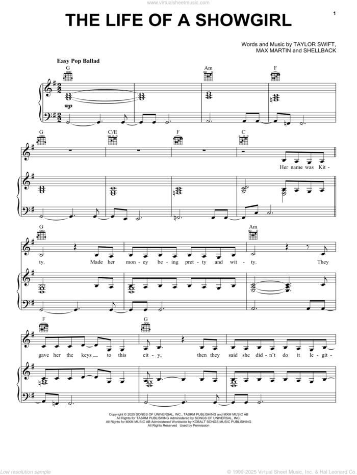 The Life Of A Showgirl (feat. Sabrina Carpenter) sheet music for voice, piano or guitar by Taylor Swift, Max Martin and Shellback (aka Johan Schuster), intermediate skill level