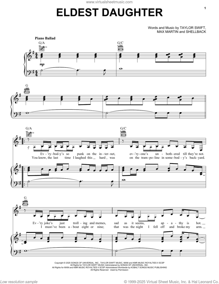 Eldest Daughter sheet music for voice, piano or guitar by Taylor Swift, Max Martin and Shellback (aka Johan Schuster), intermediate skill level