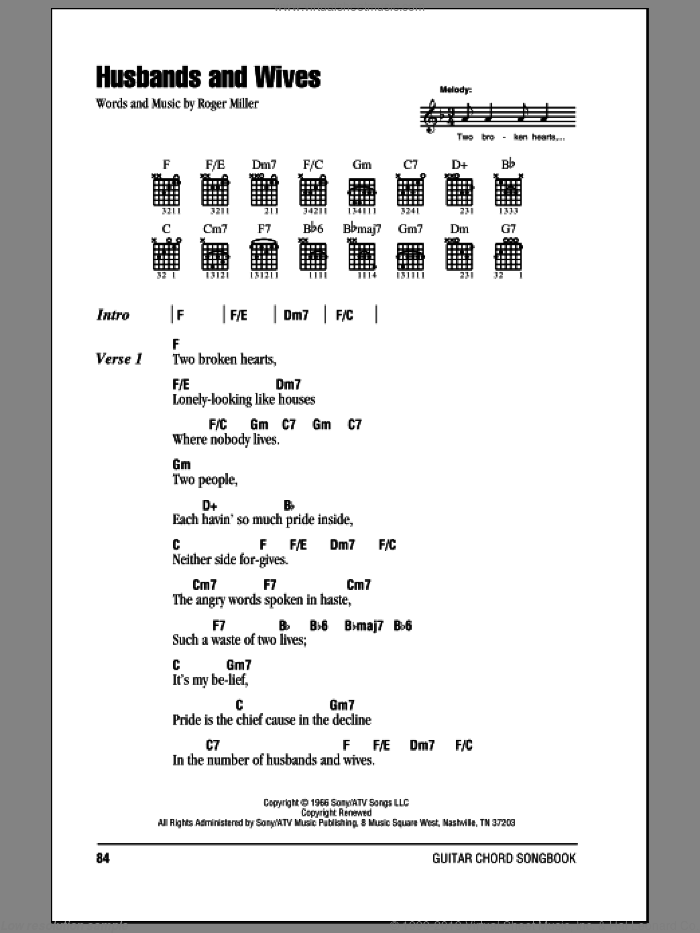 Husbands And Wives sheet music for guitar (chords) by Roger Miller and Brooks & Dunn, intermediate skill level