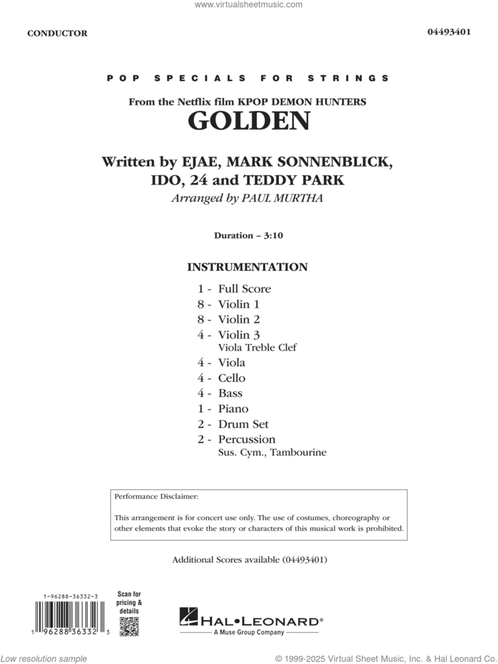 Golden (from KPop Demon Hunters) (arr. Paul Murtha) (COMPLETE) sheet music for orchestra by Paul Murtha, 24, Ejae (Aka Kim Eun-Jae), Huntr/x (Ejae, Audrey Nuna and Rei Ami), Ido, Mark Sonnenblick and Teddy Park (Aka Park Hong-Jun), intermediate skill level