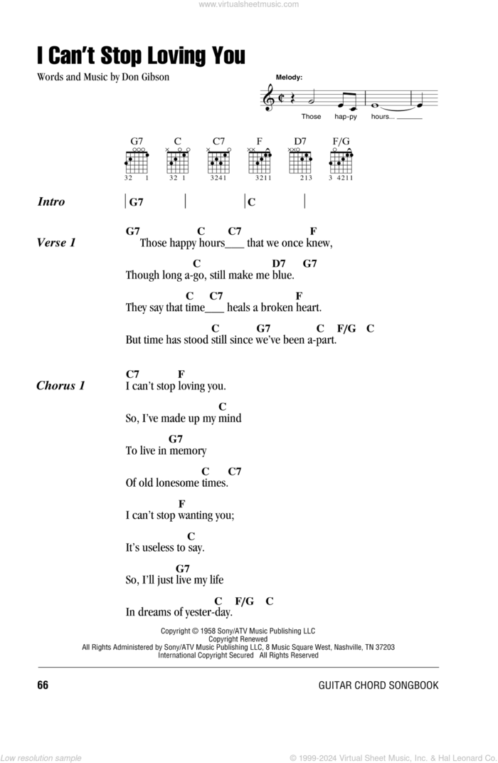 I Can't Stop Loving You sheet music for guitar (chords) by Don Gibson, Elvis Presley and Ray Charles, intermediate skill level