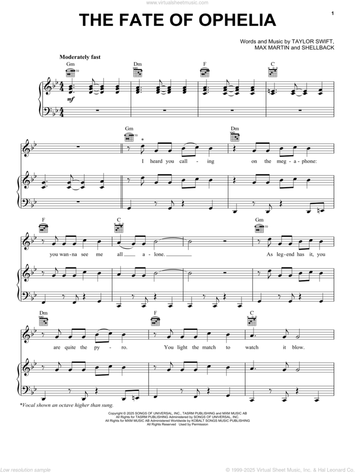 The Fate Of Ophelia sheet music for voice, piano or guitar by Taylor Swift, Max Martin and Shellback (aka Johan Schuster), intermediate skill level