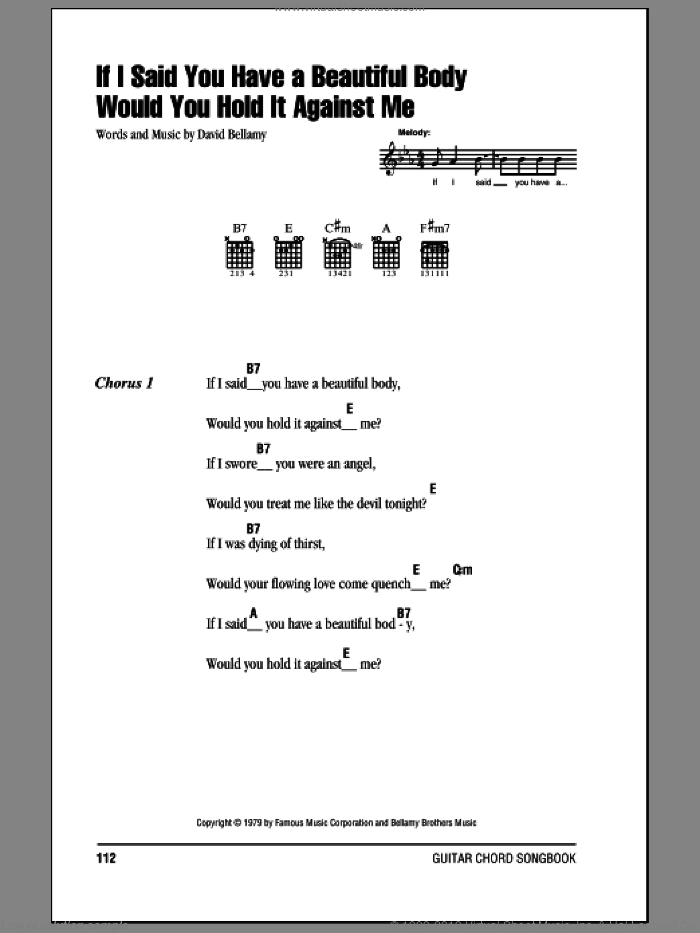 If I Said You Have A Beautiful Body Would You Hold It Against Me sheet music for guitar (chords) by Bellamy Brothers and David Bellamy, intermediate skill level