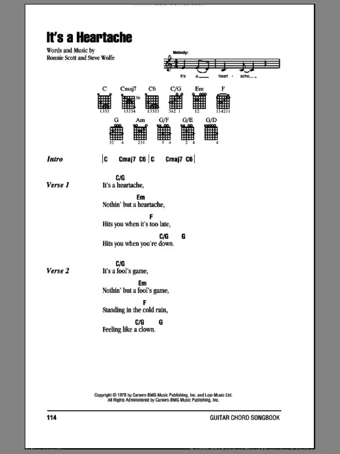 It's A Heartache sheet music for guitar (chords) by Bonnie Tyler, Juice Newton, Ronnie Scott and Steve Wolfe, intermediate skill level