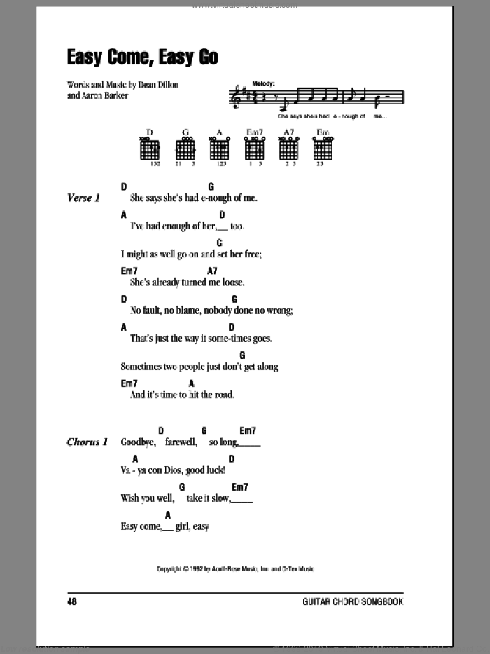 Easy Come, Easy Go sheet music for guitar (chords) by George Strait, Aaron Barker and Dean Dillon, intermediate skill level