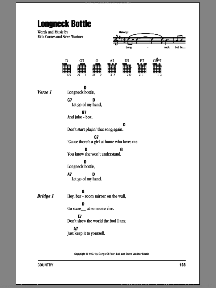 Longneck Bottle sheet music for guitar (chords) by Garth Brooks, Rick Carnes and Steve Wariner, intermediate skill level