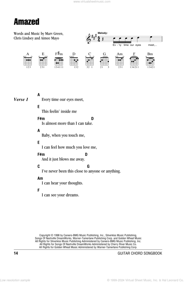 Amazed sheet music for guitar (chords) by Lonestar, Aimee Mayo, Chris Lindsey and Marv Green, wedding score, intermediate skill level