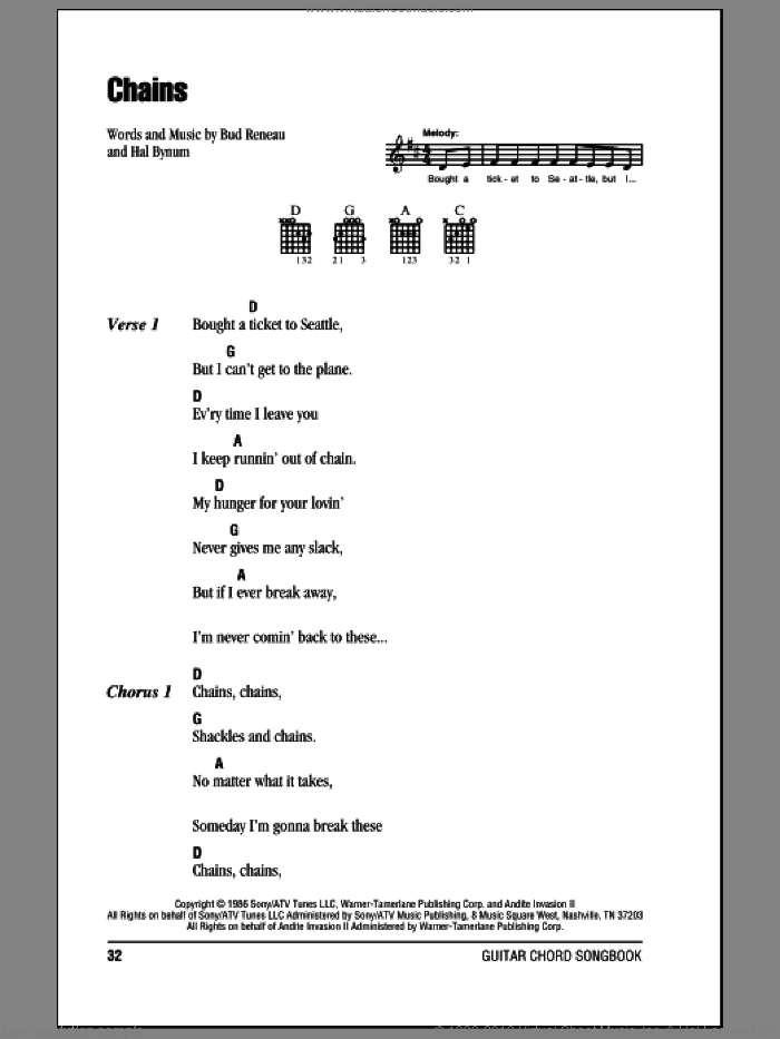 Chains sheet music for guitar (chords) by Patty Loveless, Bud Reneau and Hal Bynum, intermediate skill level