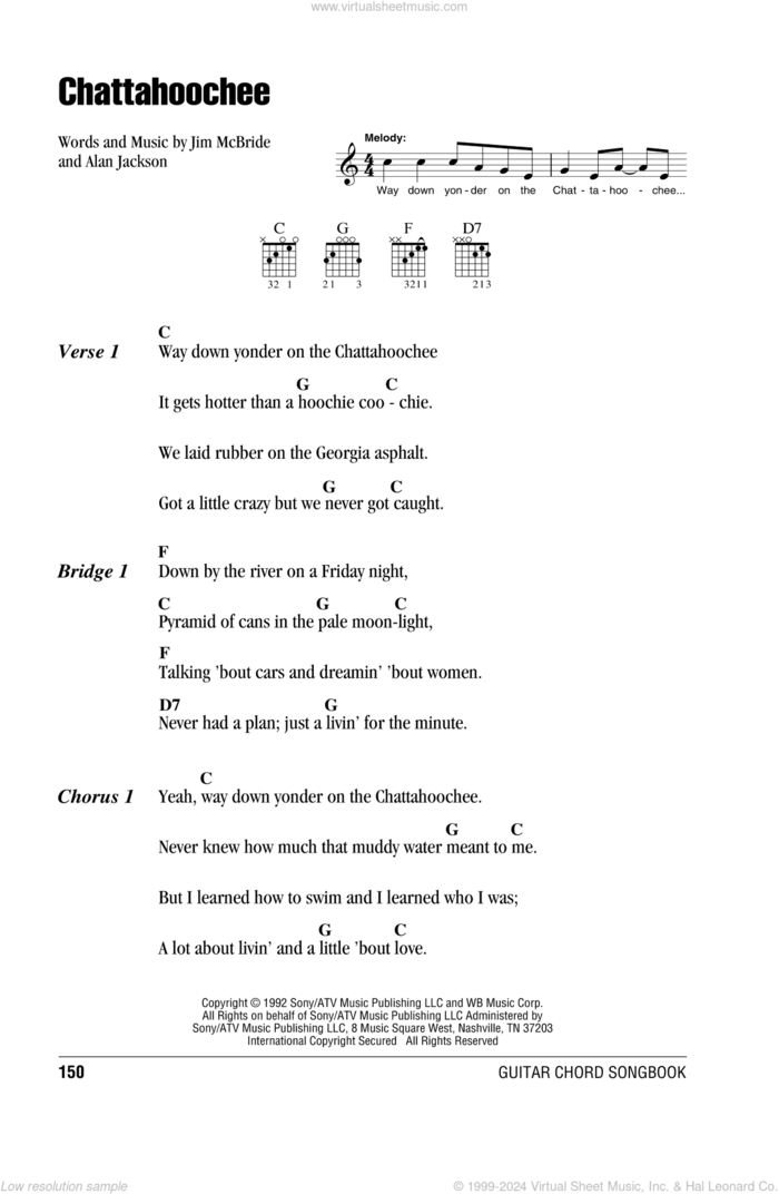 Chattahoochee sheet music for guitar (chords) by Alan Jackson and Jim McBride, intermediate skill level
