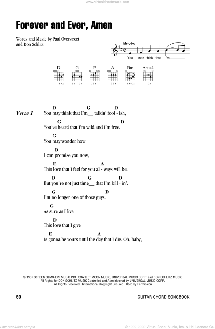 Forever And Ever, Amen sheet music for guitar (chords) by Randy Travis, Don Schlitz and Paul Overstreet, wedding score, intermediate skill level