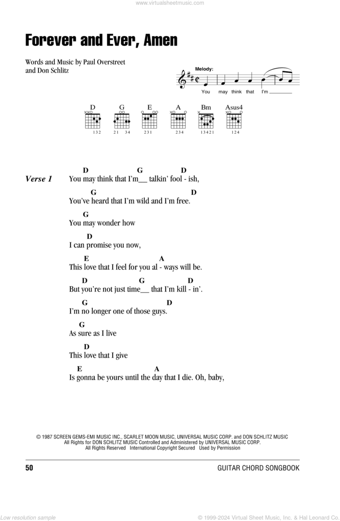 Forever And Ever, Amen sheet music for guitar (chords) by Randy Travis, Don Schlitz and Paul Overstreet, wedding score, intermediate skill level