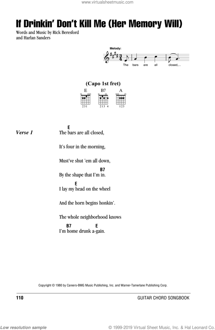 If Drinkin' Don't Kill Me (Her Memory Will) sheet music for guitar (chords) by George Jones, Harlan Sanders and Rick Beresford, intermediate skill level