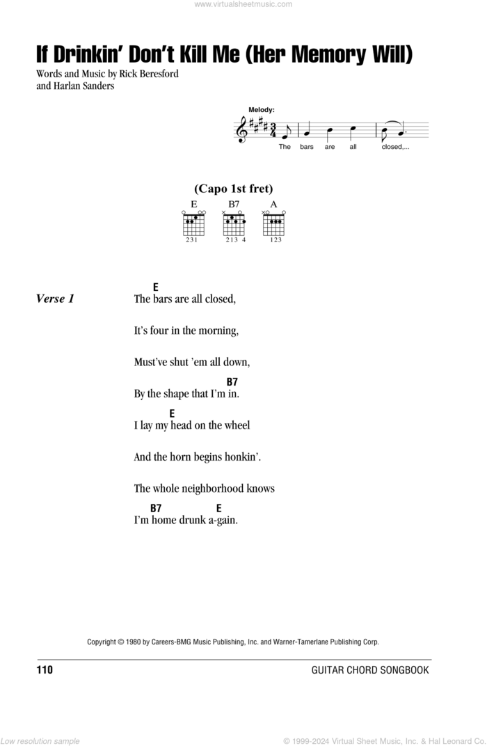 If Drinkin' Don't Kill Me (Her Memory Will) sheet music for guitar (chords) by George Jones, Harlan Sanders and Rick Beresford, intermediate skill level