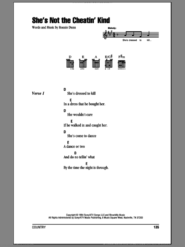 She's Not The Cheatin' Kind sheet music for guitar (chords) by Brooks & Dunn and Ronnie Dunn, intermediate skill level
