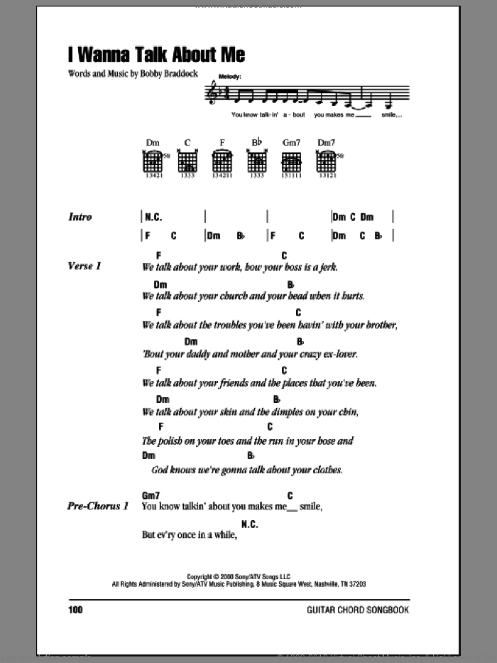 I Wanna Talk About Me sheet music for guitar (chords) by Toby Keith and Bobby Braddock, intermediate skill level