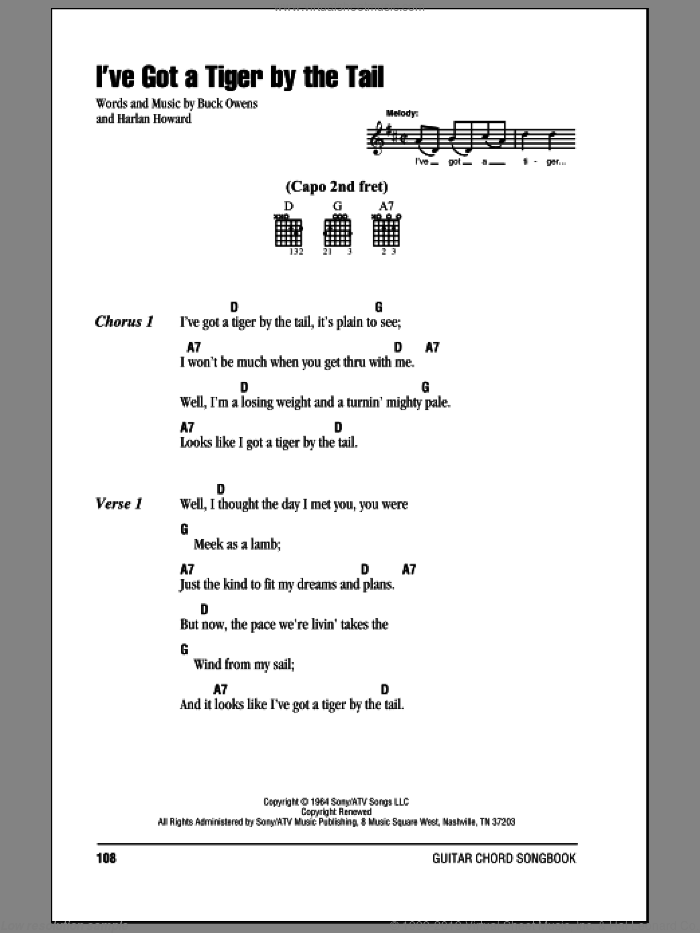 I've Got A Tiger By The Tail sheet music for guitar (chords) by Buck Owens and Harlan Howard, intermediate skill level