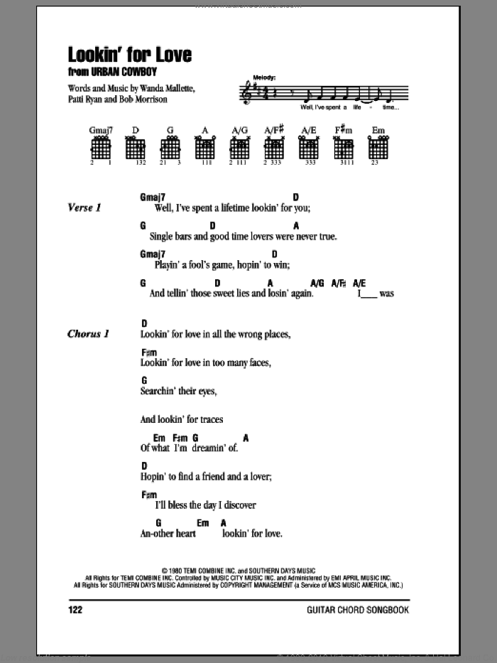 Lookin' For Love sheet music for guitar (chords) by Johnny Lee, Bob Morrison, Patti Ryan and Wanda Mallette, intermediate skill level