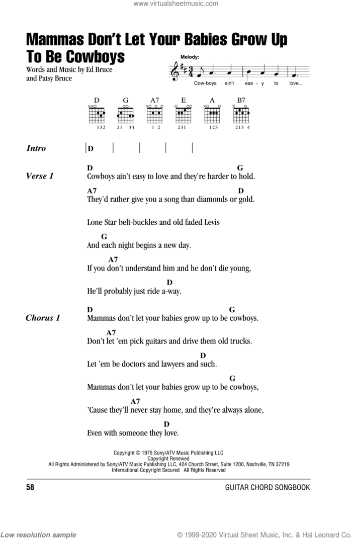 Mammas Don't Let Your Babies Grow Up To Be Cowboys sheet music for guitar (chords) by Ed Bruce, Waylon Jennings, Willie Nelson and Patsy Bruce, intermediate skill level