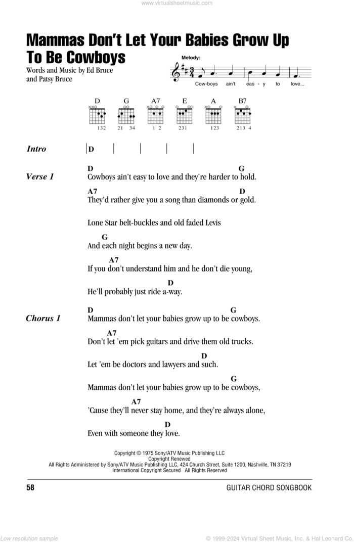 Mammas Don't Let Your Babies Grow Up To Be Cowboys sheet music for guitar (chords) by Ed Bruce, Waylon Jennings, Willie Nelson and Patsy Bruce, intermediate skill level